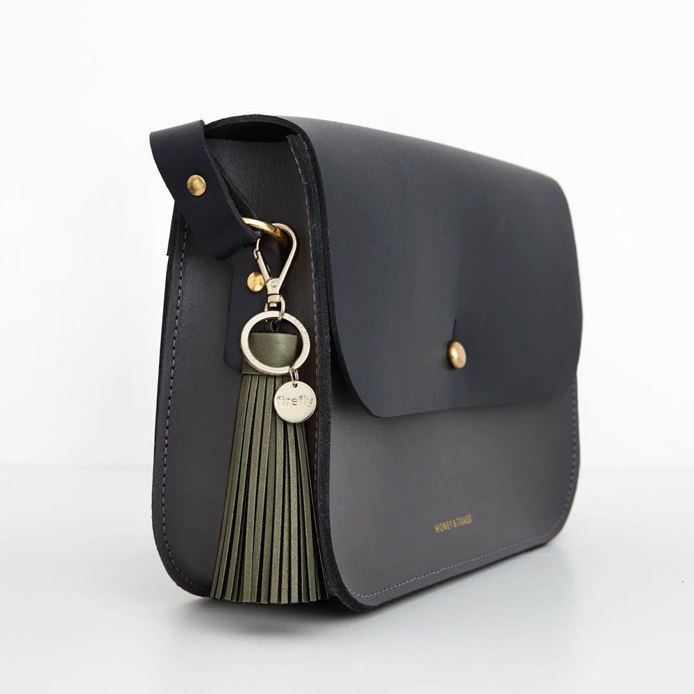 Firefly Reflectors - Olive Soft Tassel Reflector Bag Charm - Silver